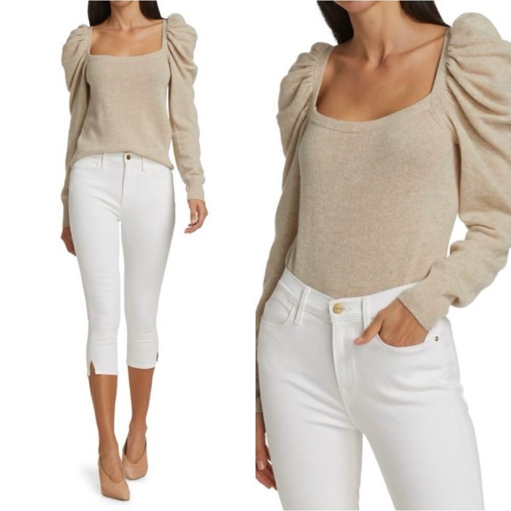 Frame Denim Beige Sweater with Puff Sleeves